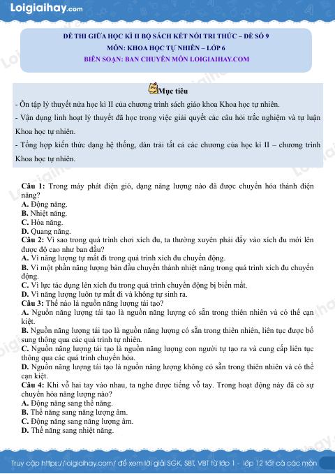 Đề thi giữa học kì 2 KHTN 6 Kết nối tri thức - Đề số 9